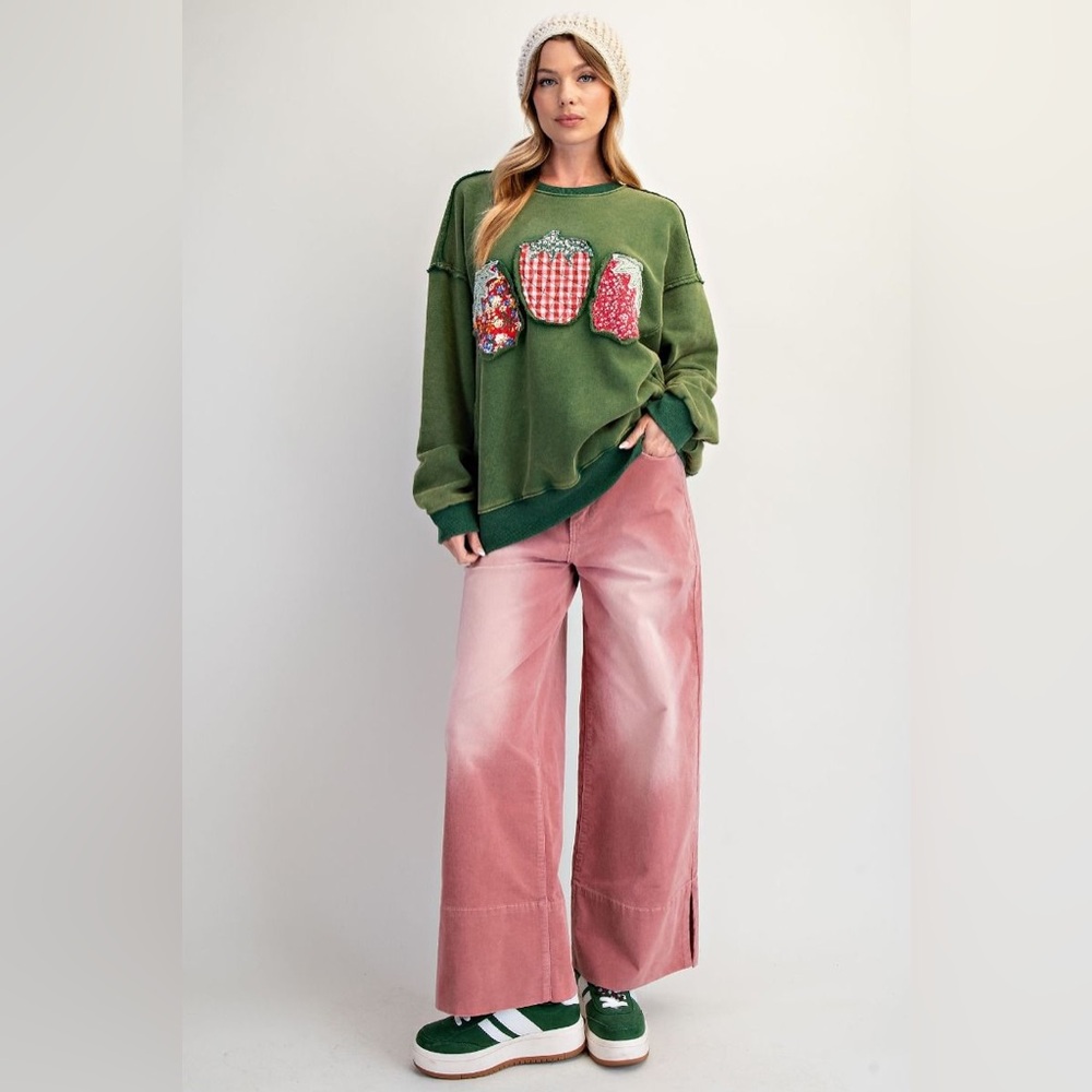 #189 Last 1! New Easel Green Sweatshirt with Strawberry Patches - Picture 2 of 5